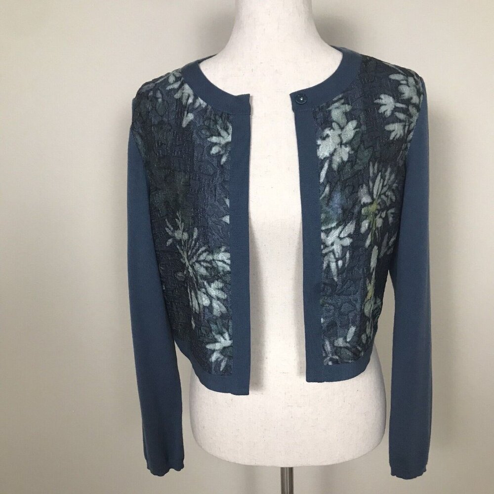 $389 NWT Lafayette 148 Wool Silk Brocade Long Sleeve Cardigan Size Medium M Teal